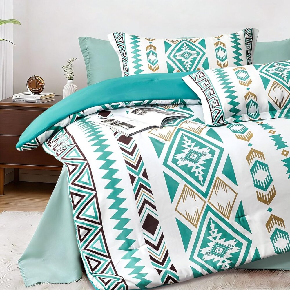 NEW King Size Comforter Set – 3 Piece Turquoise Boho Aztec Bedding, Western - Picture 2 of 3